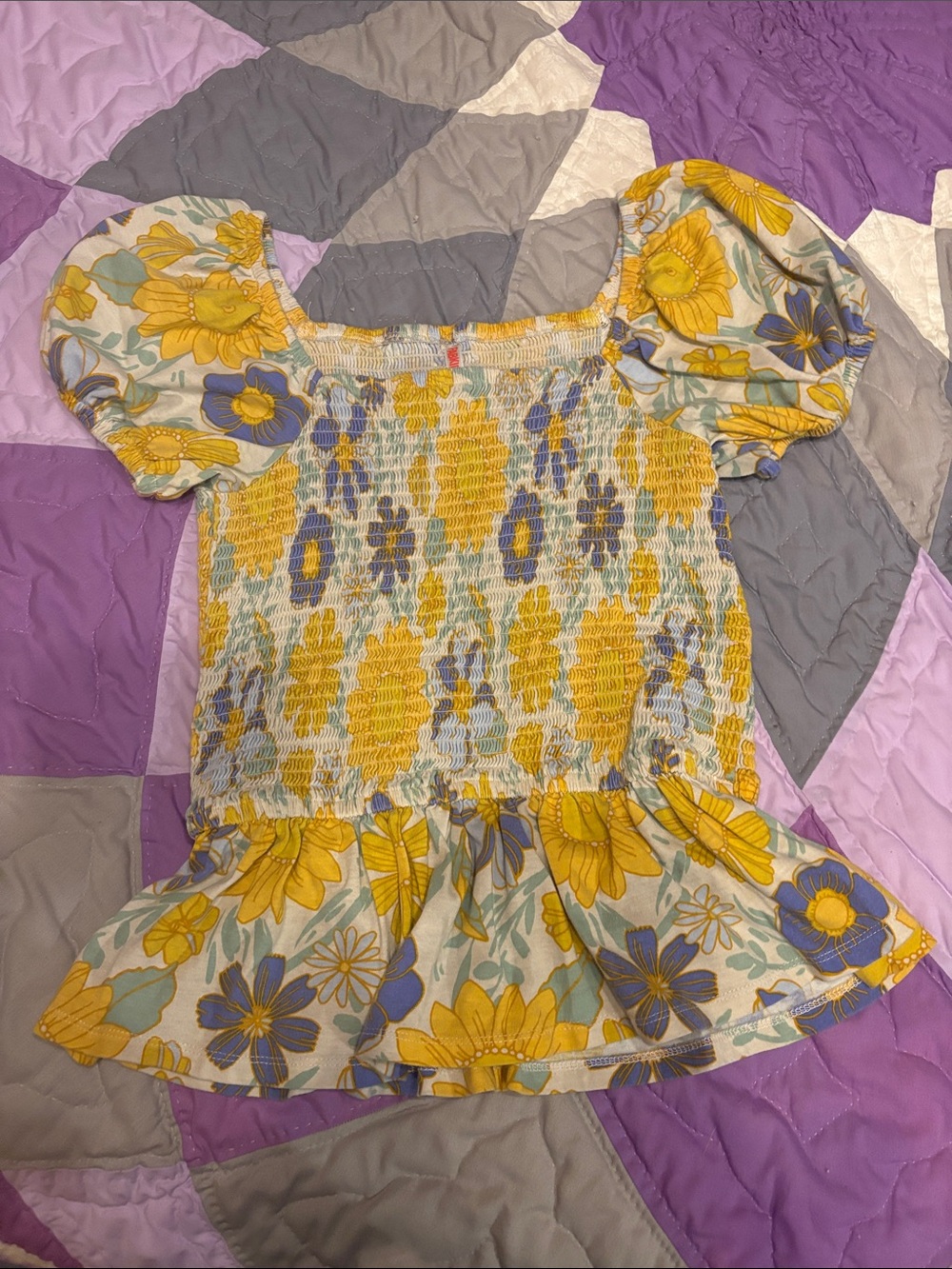 Girls Yellow Floral Smocked Peplum Top